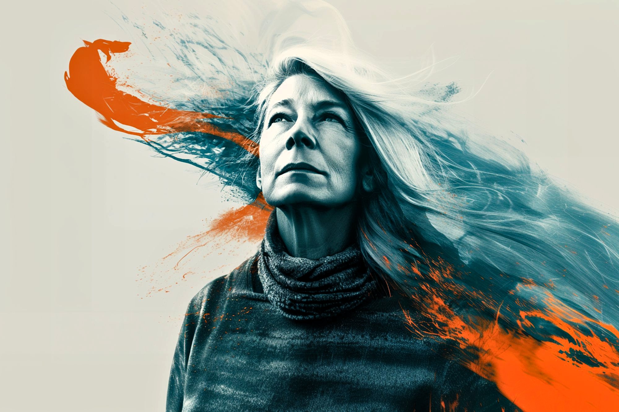 A mature woman gazes upward with determination, her long hair blending into dynamic, abstract orange and blue paint strokes that sweep across the image, creating a sense of energy and movement against a light background.