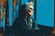 An older woman with glasses and a scarf sits by a window, gazing outside with a thoughtful expression. The image has a blue and orange artistic filter effect.