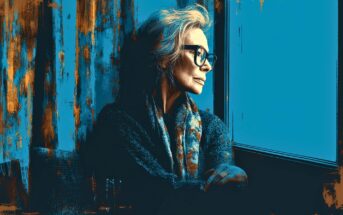 An older woman with glasses and a scarf sits by a window, gazing outside with a thoughtful expression. The image has a blue and orange artistic filter effect.