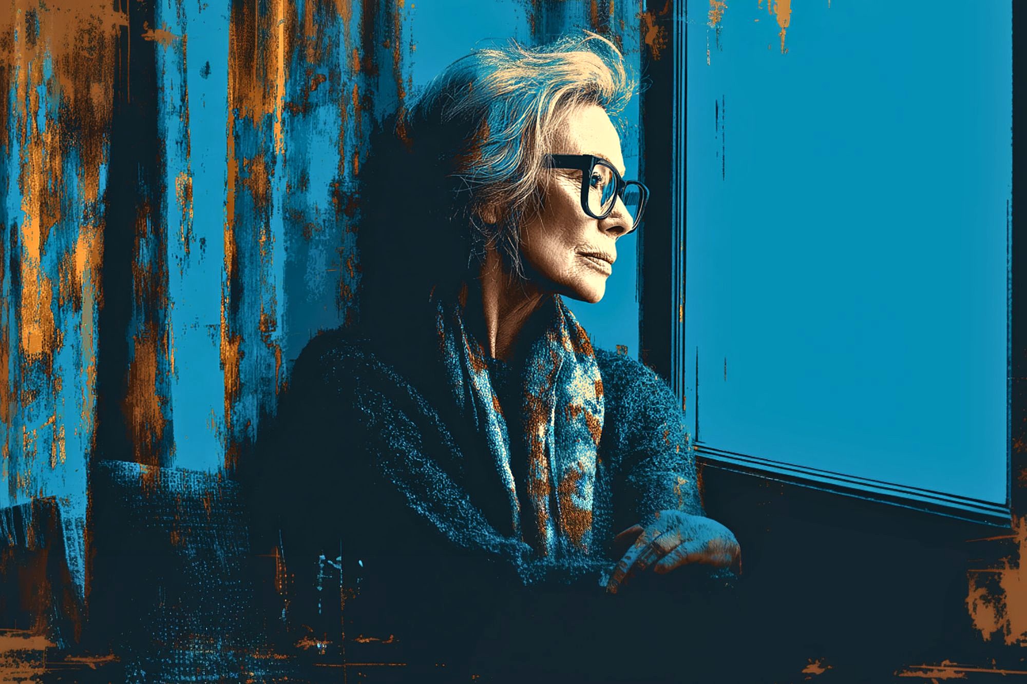 An older woman with glasses and a scarf sits by a window, gazing outside with a thoughtful expression. The image has a blue and orange artistic filter effect.