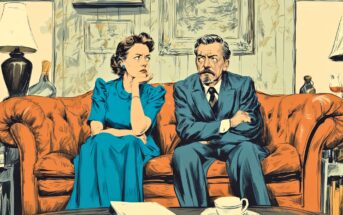 A woman in a blue dress and a man in a suit sit on an orange sofa, both looking annoyed with arms crossed, in a vintage-style living room with paintings, lamps, and a coffee table with papers and a cup.