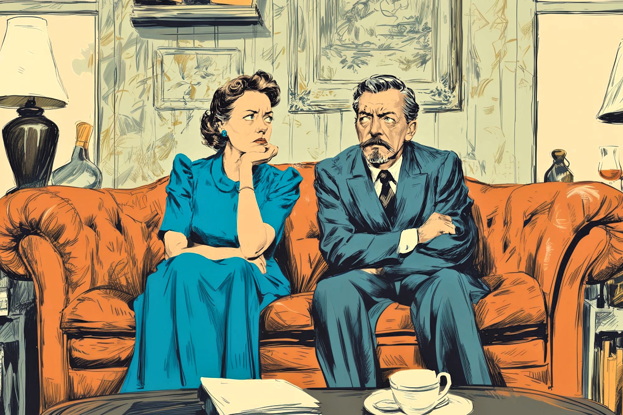 A woman in a blue dress and a man in a suit sit on an orange sofa, both looking annoyed with arms crossed, in a vintage-style living room with paintings, lamps, and a coffee table with papers and a cup.