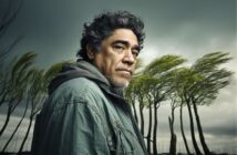 A man with curly hair and a beard stands outdoors in a green jacket, looking serious. Behind him, windblown trees lean dramatically under a cloudy sky, suggesting a stormy or windy day.