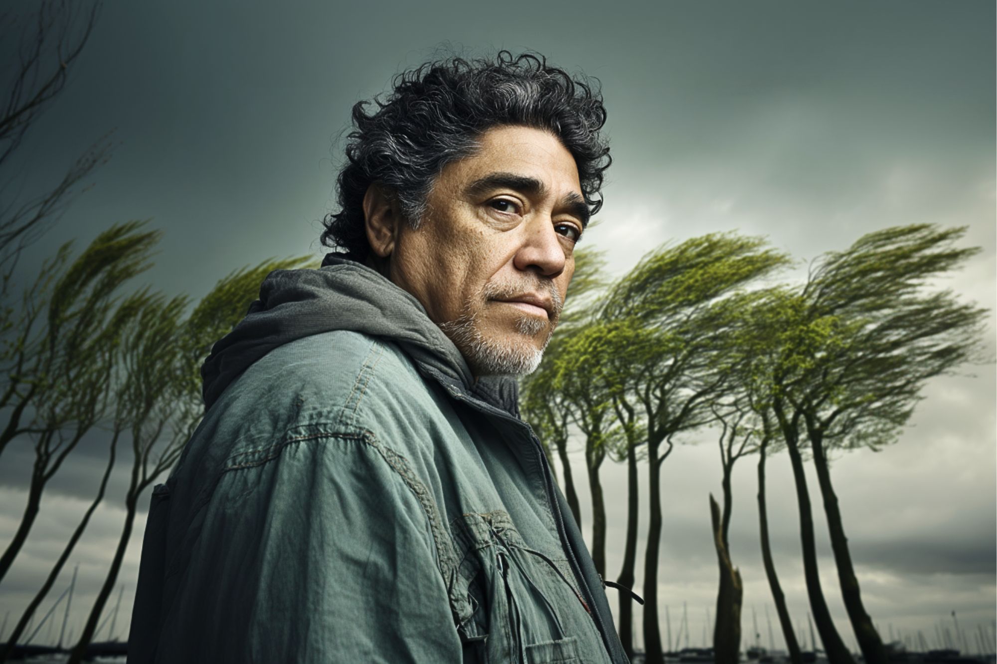 A man with curly hair and a beard stands outdoors in a green jacket, looking serious. Behind him, windblown trees lean dramatically under a cloudy sky, suggesting a stormy or windy day.