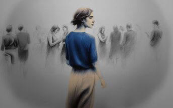 A woman in a blue shirt stands facing away in the foreground, looking back over her shoulder. In the blurred background, people gather and interact in small groups. The image has a soft, sketch-like quality.