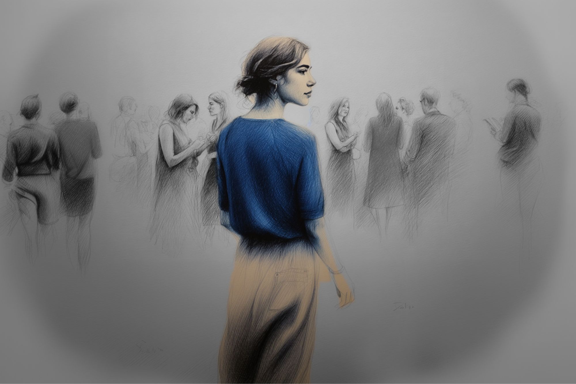 A woman in a blue shirt stands facing away in the foreground, looking back over her shoulder. In the blurred background, people gather and interact in small groups. The image has a soft, sketch-like quality.