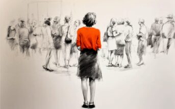 A lone woman in a red top stands facing a blurred crowd, all sketched in black and white, emphasizing her solitude and the contrast between her and the group.