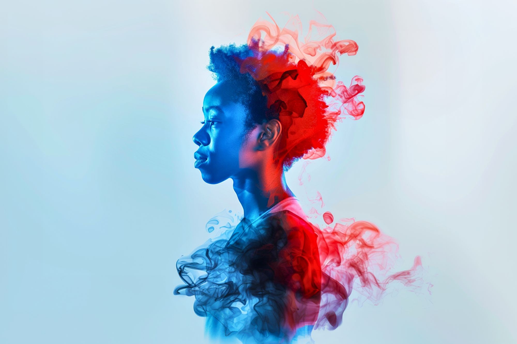 A side profile of a young person with an afro, illuminated by blue and red light. Colorful, smoky clouds in blue and red swirl around and behind their head and shoulders against a pale background.