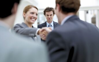 A man in the background looks upset while two people in the foreground smile and shake hands, with another person partially visible to the side.