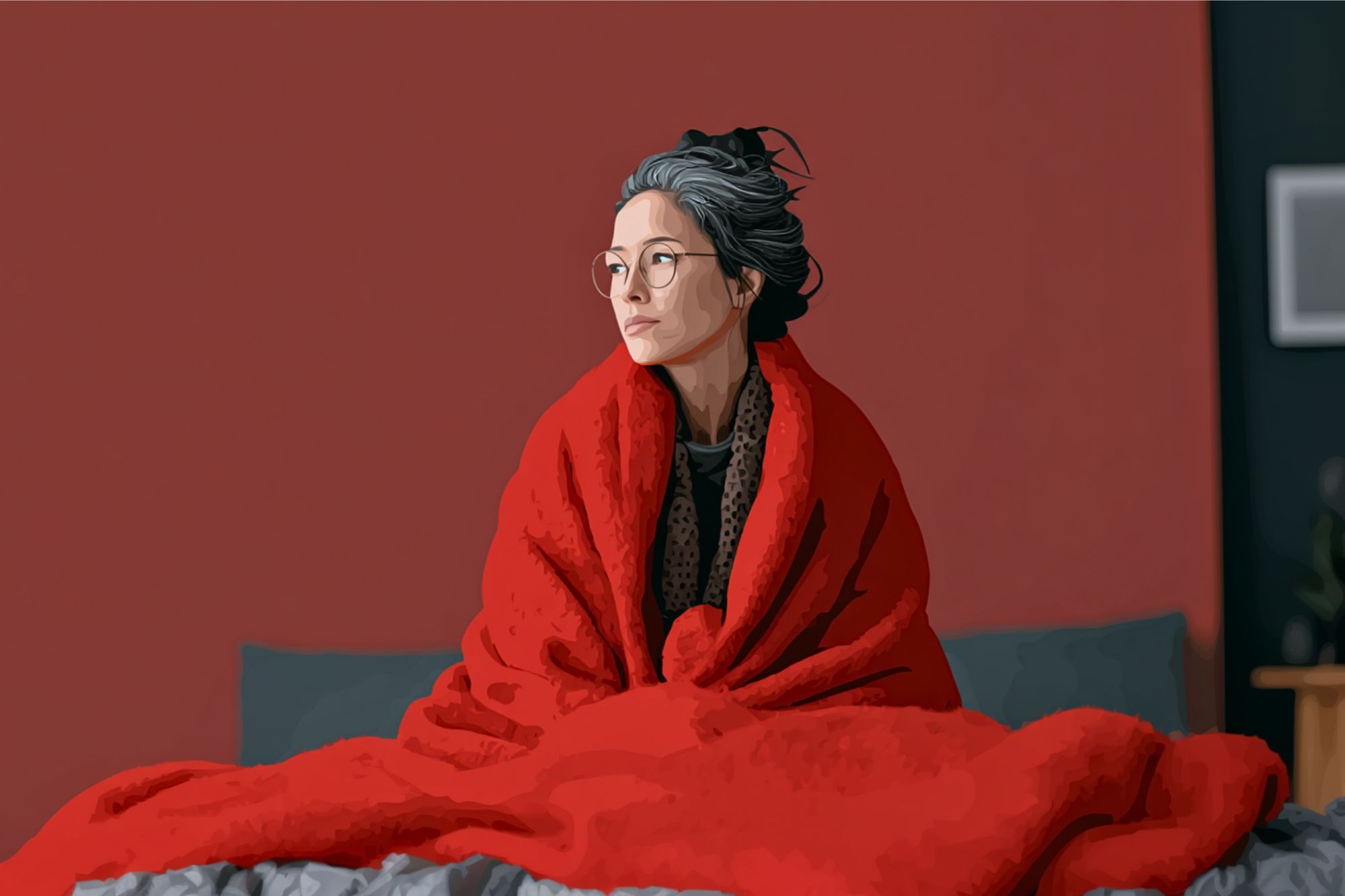 A woman with glasses and gray hair sits on a bed wrapped in a large red blanket, looking to the side. The background is a plain red wall with part of a picture frame visible.