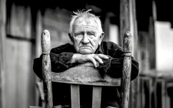 An elderly man with white hair sits on a wooden chair, resting his folded arms on its back, gazing directly at the camera with a thoughtful expression. The photo is black and white, adding a somber tone.