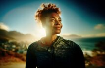 A woman in athletic clothing stands outdoors near the ocean at sunset, smiling confidently with sunlight illuminating her face and mountains and water in the background.