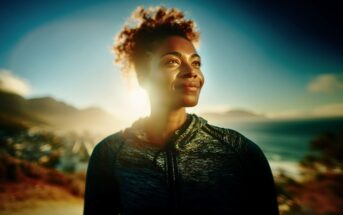 A woman in athletic clothing stands outdoors near the ocean at sunset, smiling confidently with sunlight illuminating her face and mountains and water in the background.