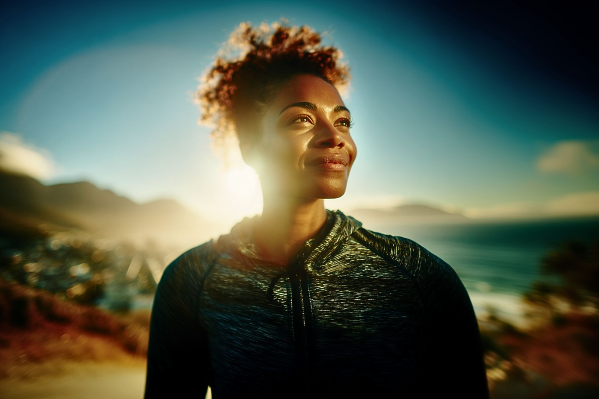 A woman in athletic clothing stands outdoors near the ocean at sunset, smiling confidently with sunlight illuminating her face and mountains and water in the background.