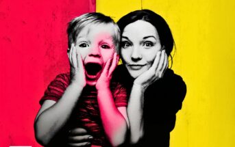 A woman and a child pose together, both holding their faces with their hands in a surprised expression. The child wears a striped shirt. The background is divided vertically, with bright pink on the left and yellow on the right.