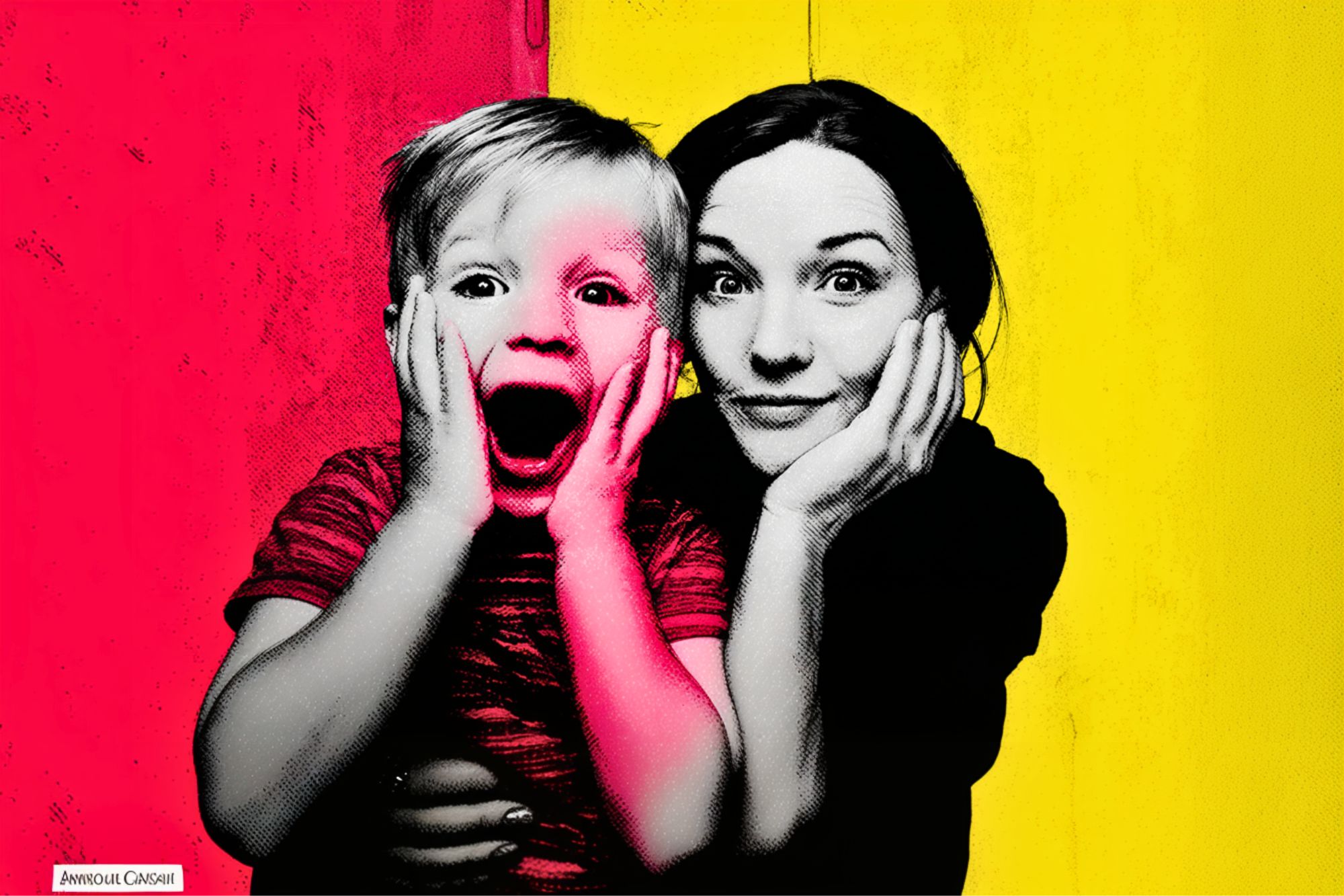 A woman and a child pose together, both holding their faces with their hands in a surprised expression. The child wears a striped shirt. The background is divided vertically, with bright pink on the left and yellow on the right.