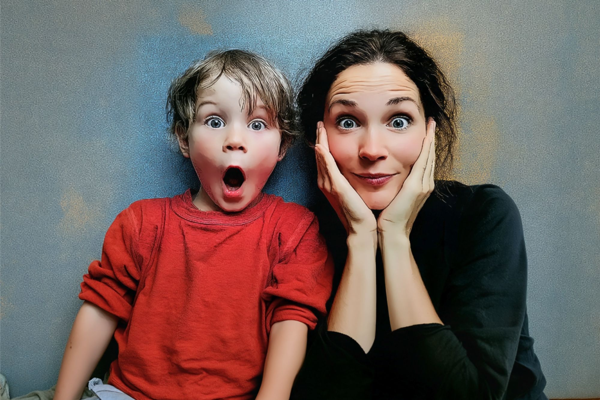 A child in a red shirt and an adult in black sit side by side, both making surprised facial expressions with wide eyes. The adult is resting their face on their hands.