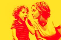 A stylized, high-contrast image in red and yellow tones shows a surprised child with curly hair whispering to a woman with short hair, who is listening attentively.