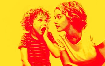A stylized, high-contrast image in red and yellow tones shows a surprised child with curly hair whispering to a woman with short hair, who is listening attentively.