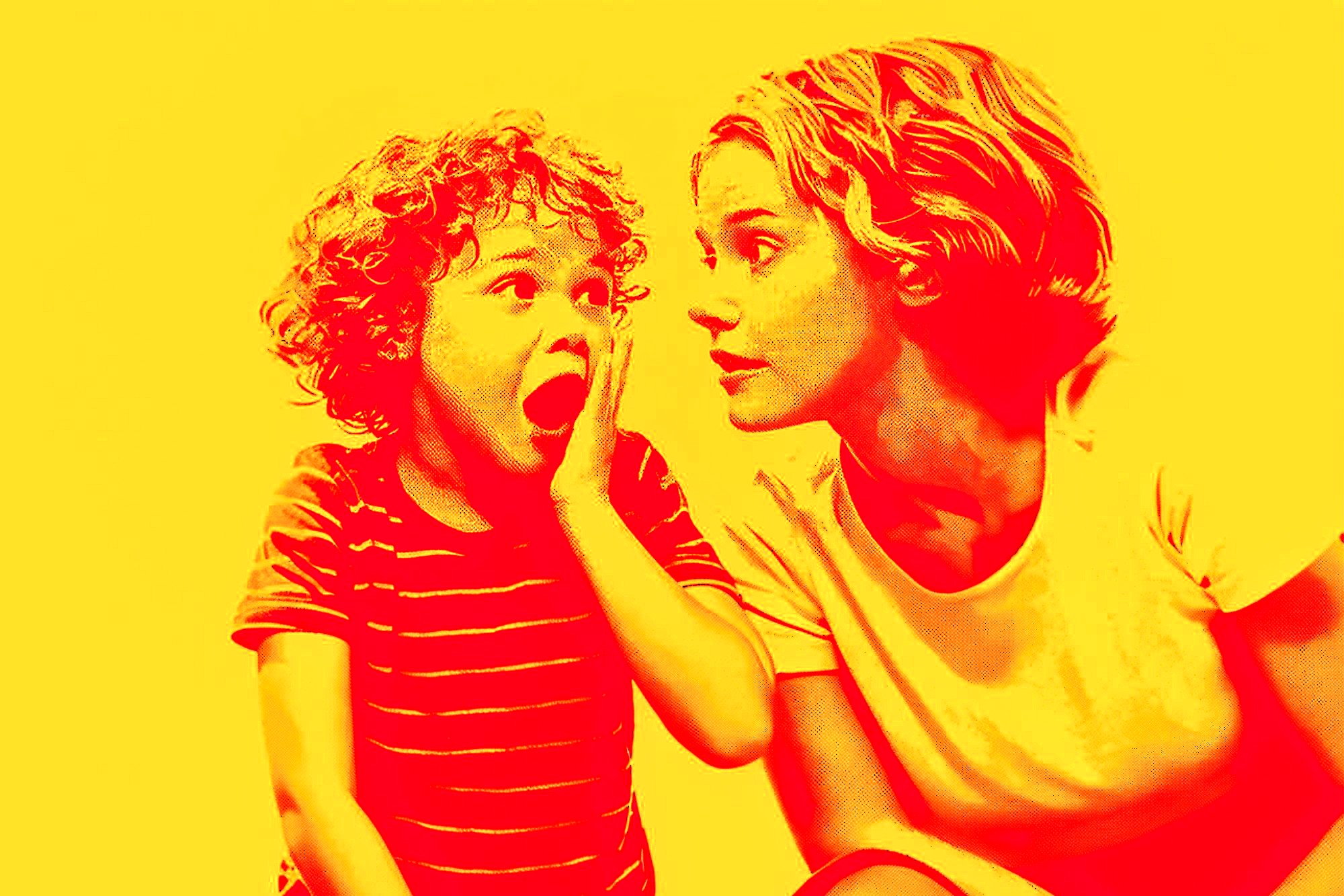 A stylized, high-contrast image in red and yellow tones shows a surprised child with curly hair whispering to a woman with short hair, who is listening attentively.