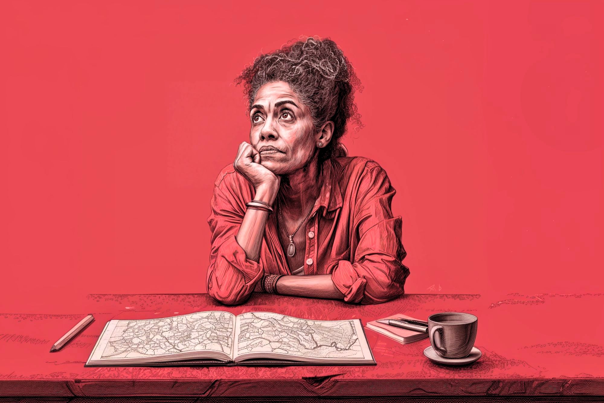 A woman sits at a table with a map, looking thoughtfully upward. She rests her chin on her hand and wears a red shirt. On the table are a pen, a notebook, and a cup of coffee. The background is solid red.