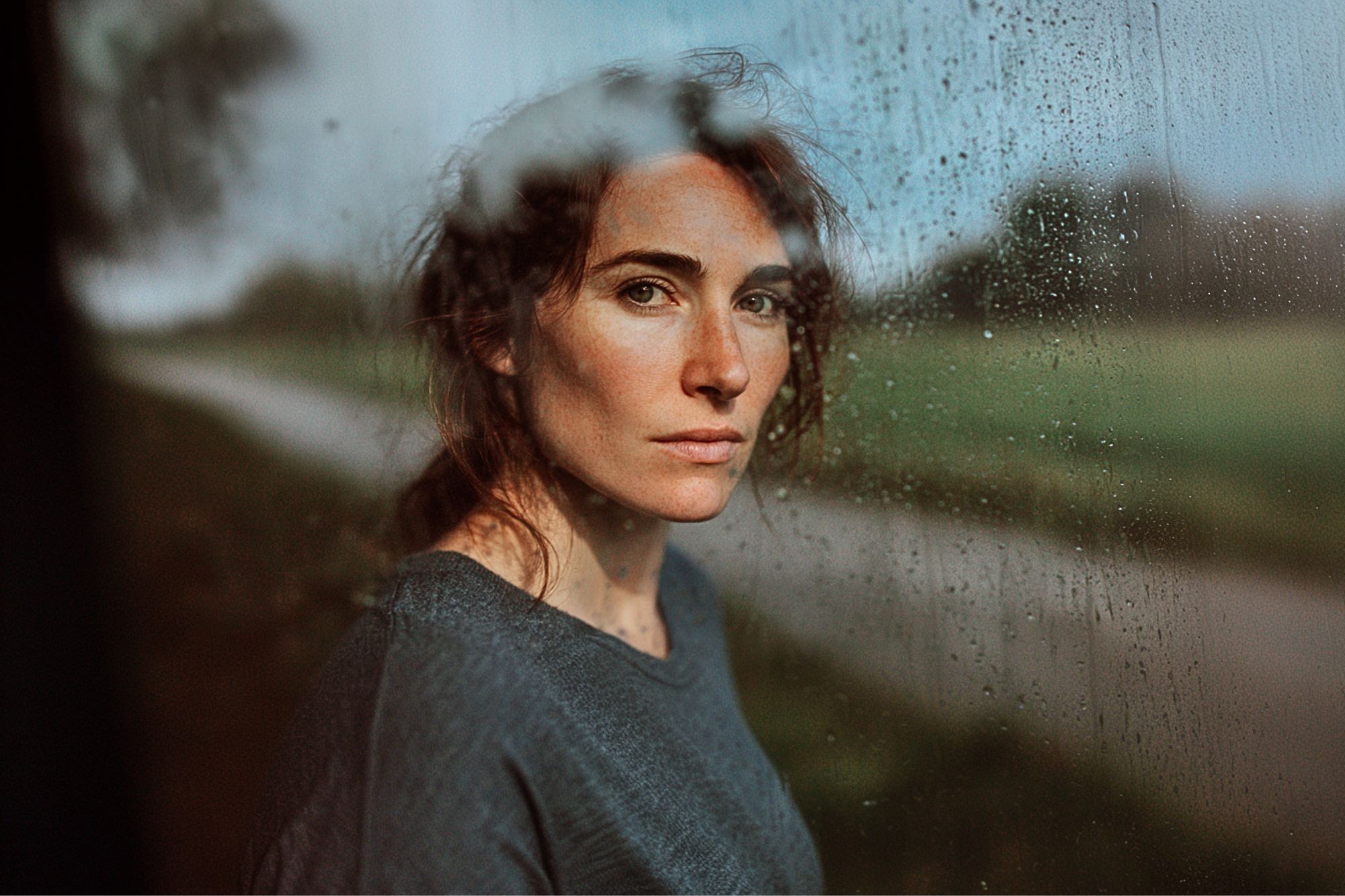 A woman with loose brown hair stands by a rain-speckled window, looking directly at the camera. The blurred green landscape is visible outside, and natural light highlights her face.