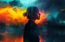 A silhouette of a woman in profile stands behind a rain-covered window, with a dramatic, colorful sky of blue, orange, and yellow clouds in the background, evoking a moody and contemplative atmosphere.