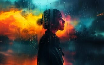 A silhouette of a woman in profile stands behind a rain-covered window, with a dramatic, colorful sky of blue, orange, and yellow clouds in the background, evoking a moody and contemplative atmosphere.