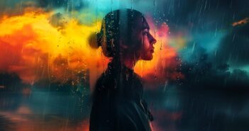 A silhouette of a woman in profile stands behind a rain-covered window, with a dramatic, colorful sky of blue, orange, and yellow clouds in the background, evoking a moody and contemplative atmosphere.