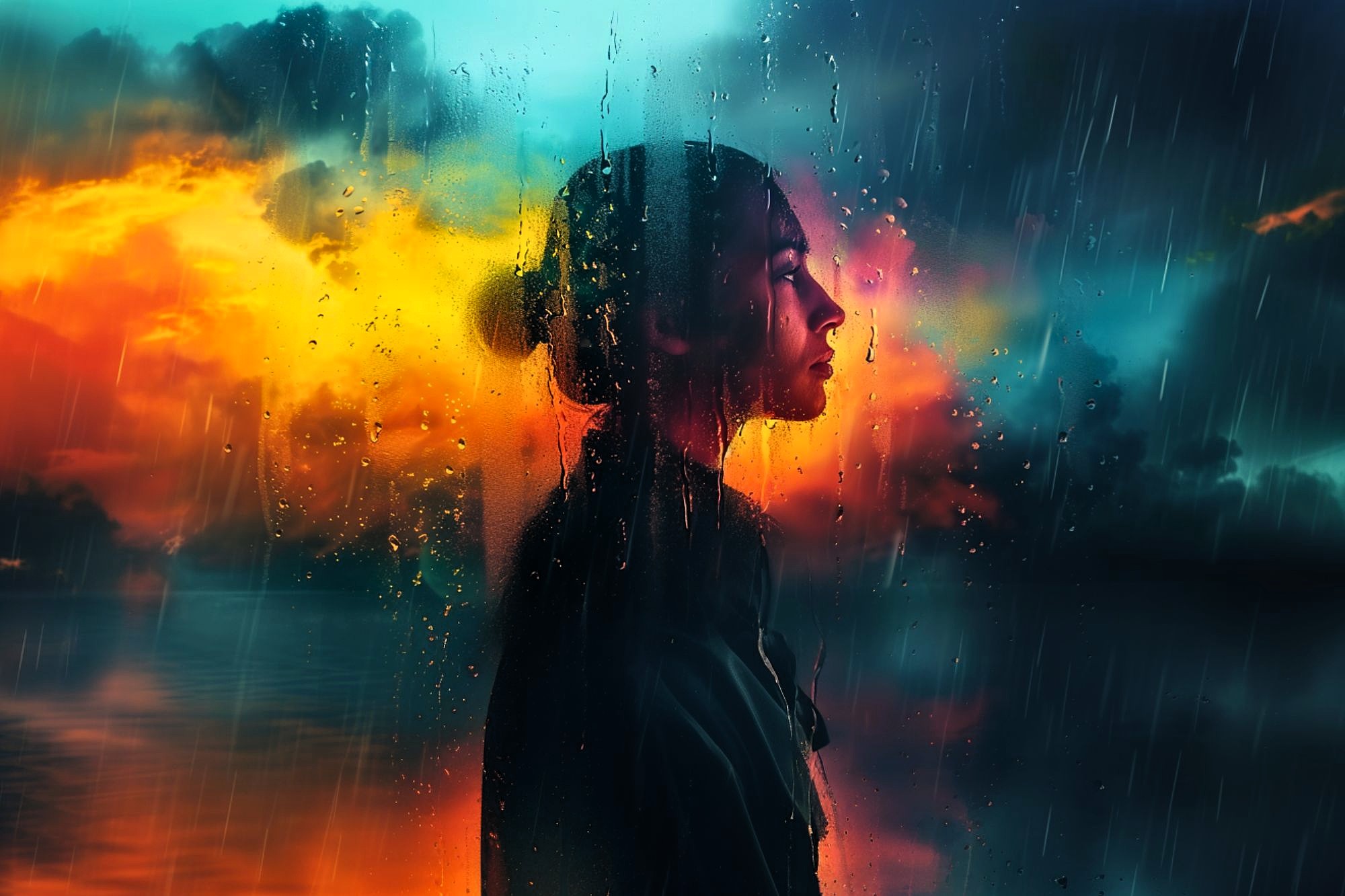 A silhouette of a woman in profile stands behind a rain-covered window, with a dramatic, colorful sky of blue, orange, and yellow clouds in the background, evoking a moody and contemplative atmosphere.