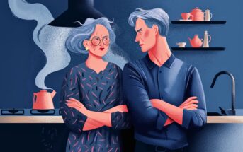Two older adults with gray hair stand in a kitchen, arms crossed, staring at each other seriously. Steam rises from a kettle on the stove. Shelves with cups and teapots are visible in the background.