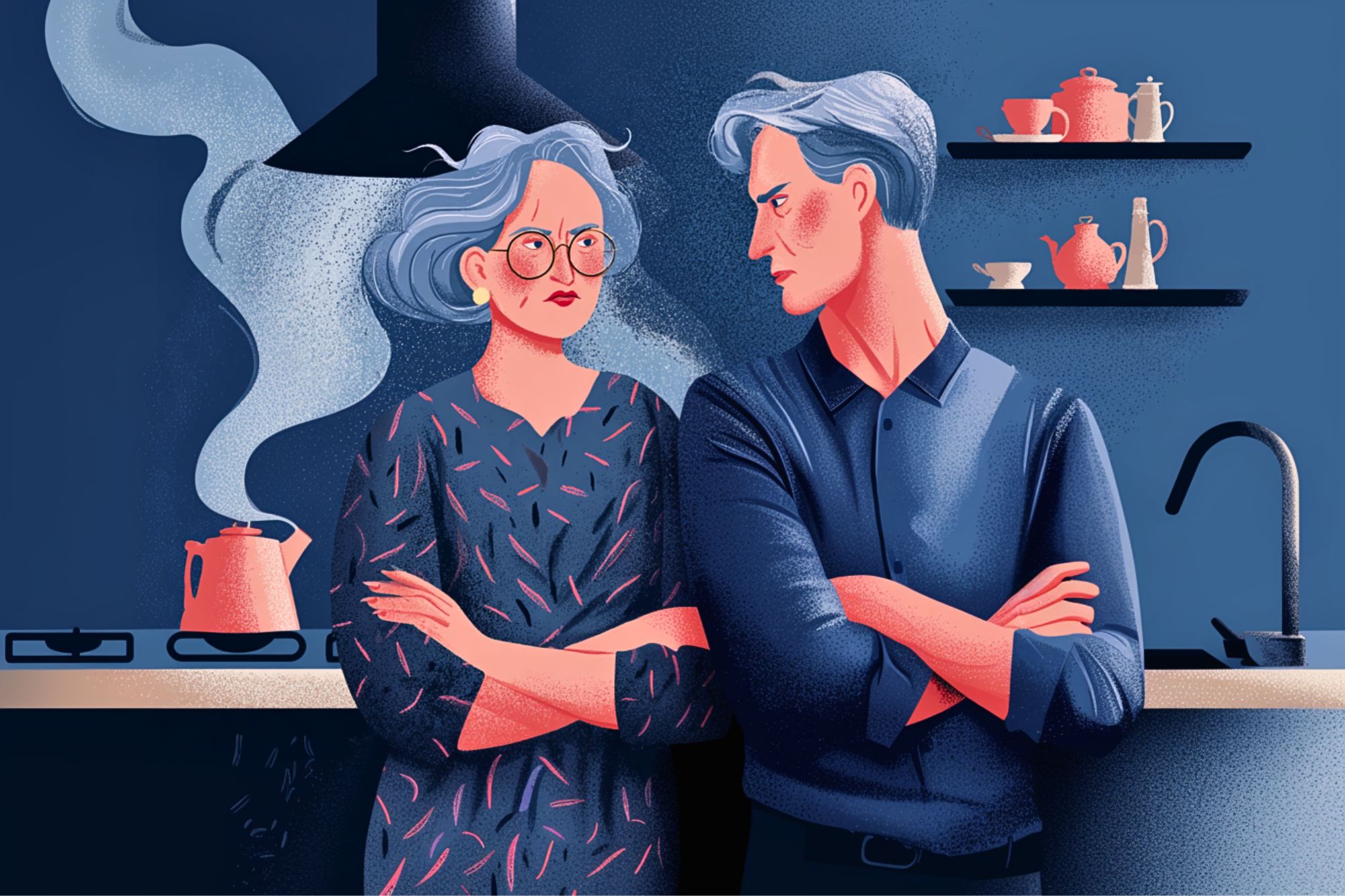 Two older adults with gray hair stand in a kitchen, arms crossed, staring at each other seriously. Steam rises from a kettle on the stove. Shelves with cups and teapots are visible in the background.