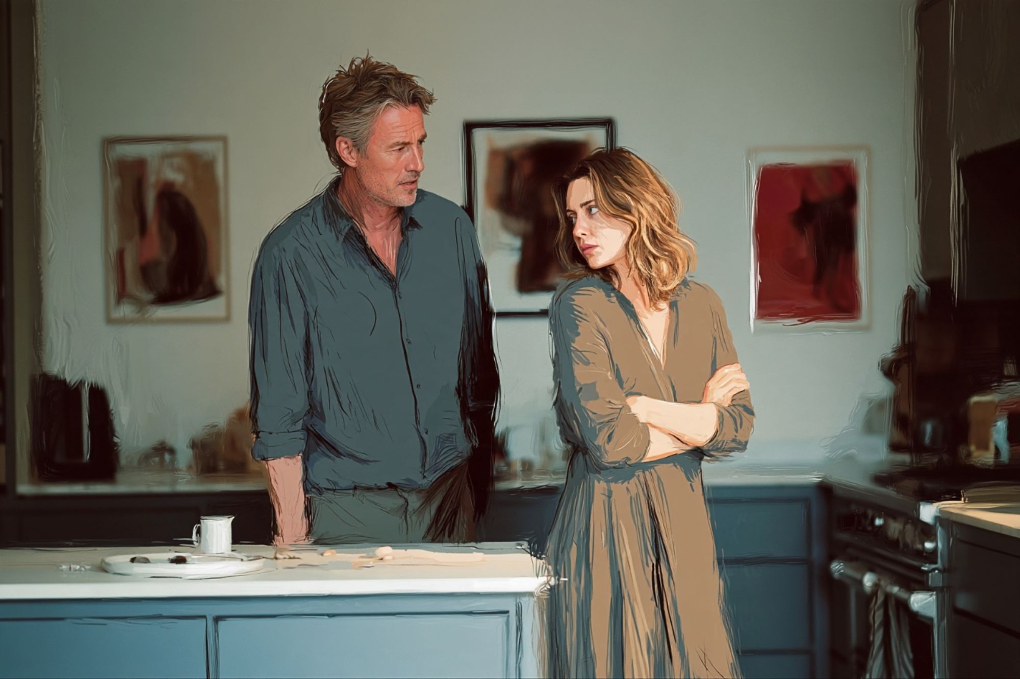 A man and a woman in a kitchen having an intense conversation.