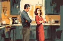 A man and woman stand in a kitchen with arms crossed, facing each other and appearing upset. The kitchen has blue cabinets, a mixer, and sunlight coming through the window. The woman wears a red dress with white dots.