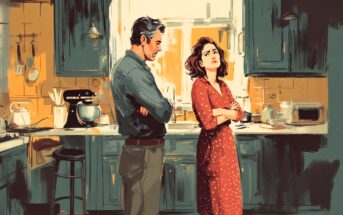 A man and woman stand in a kitchen with arms crossed, facing each other and appearing upset. The kitchen has blue cabinets, a mixer, and sunlight coming through the window. The woman wears a red dress with white dots.
