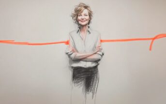 A woman with short, wavy hair stands confidently with arms crossed, smiling. She is sketched in black and white, with a bold orange line running horizontally behind her on a plain background.