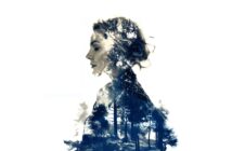 Double exposure image of a woman’s side profile blended with a forest scene, creating an artistic effect where trees appear within her silhouette against a white background.