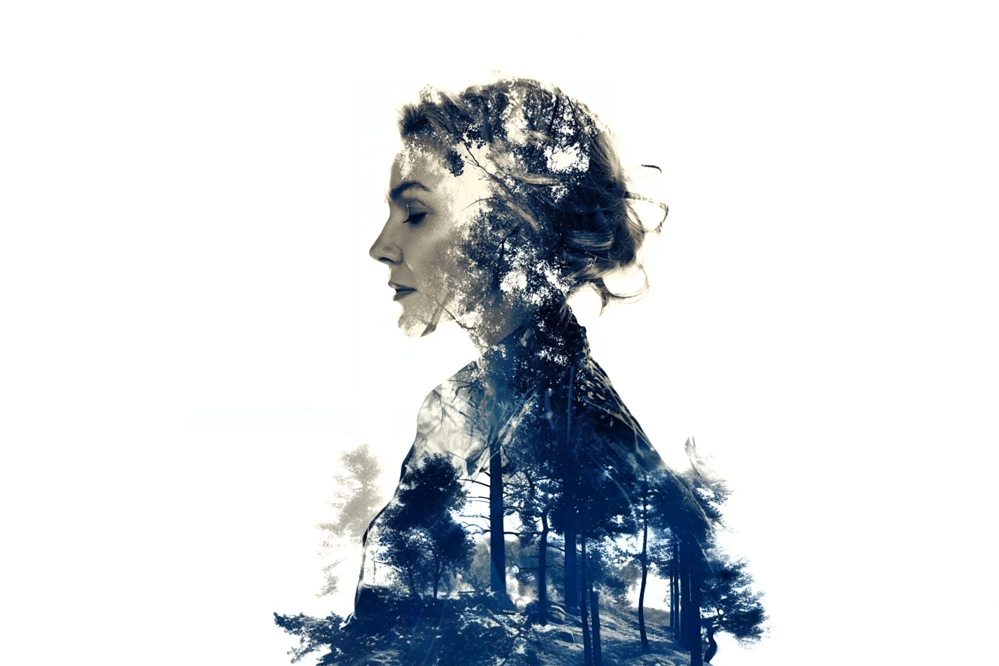 Double exposure image of a woman’s side profile blended with a forest scene, creating an artistic effect where trees appear within her silhouette against a white background.