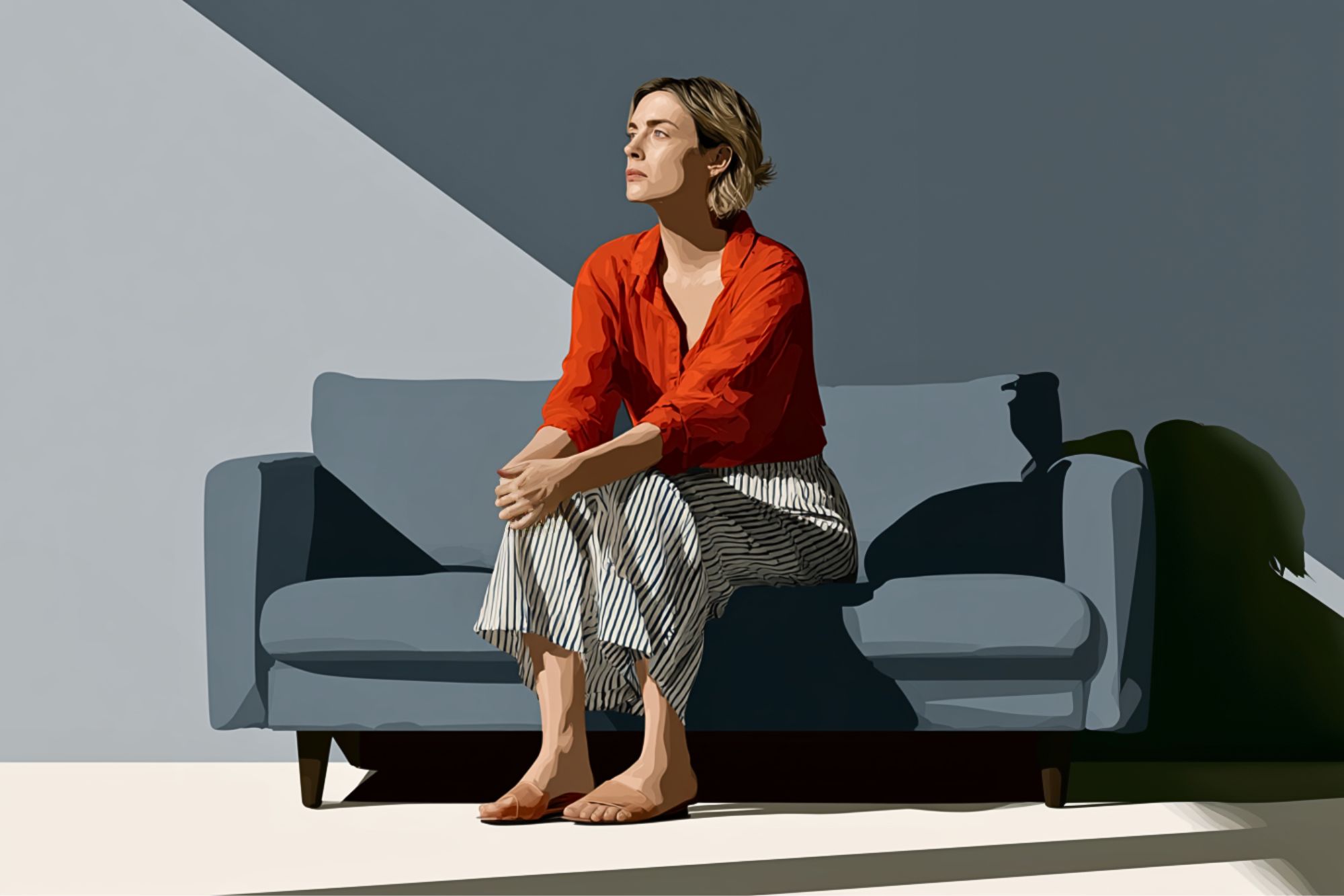 A woman in a red shirt and striped pants sits barefoot on a blue sofa, looking thoughtful. Sunlight creates sharp shadows on the wall and floor, highlighting her face and the minimalist setting.