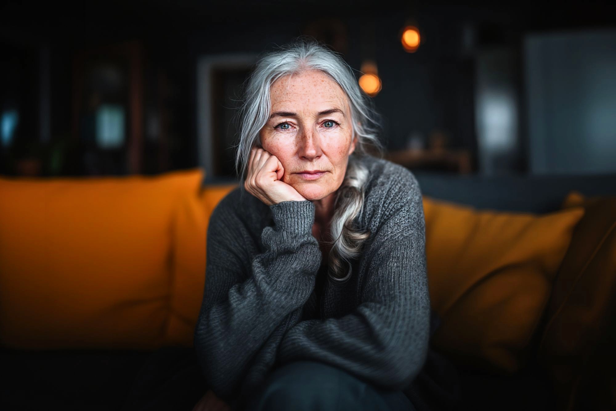 An older woman with long gray hair and a gray sweater sits indoors on a couch with yellow cushions, resting her chin on her hand and looking thoughtfully at the camera. The background is softly blurred.