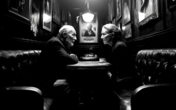 An elderly man and woman sit across from each other at a small table in a dimly lit, narrow cafe lined with framed photographs. They face each other intently, with a cup on the table between them.