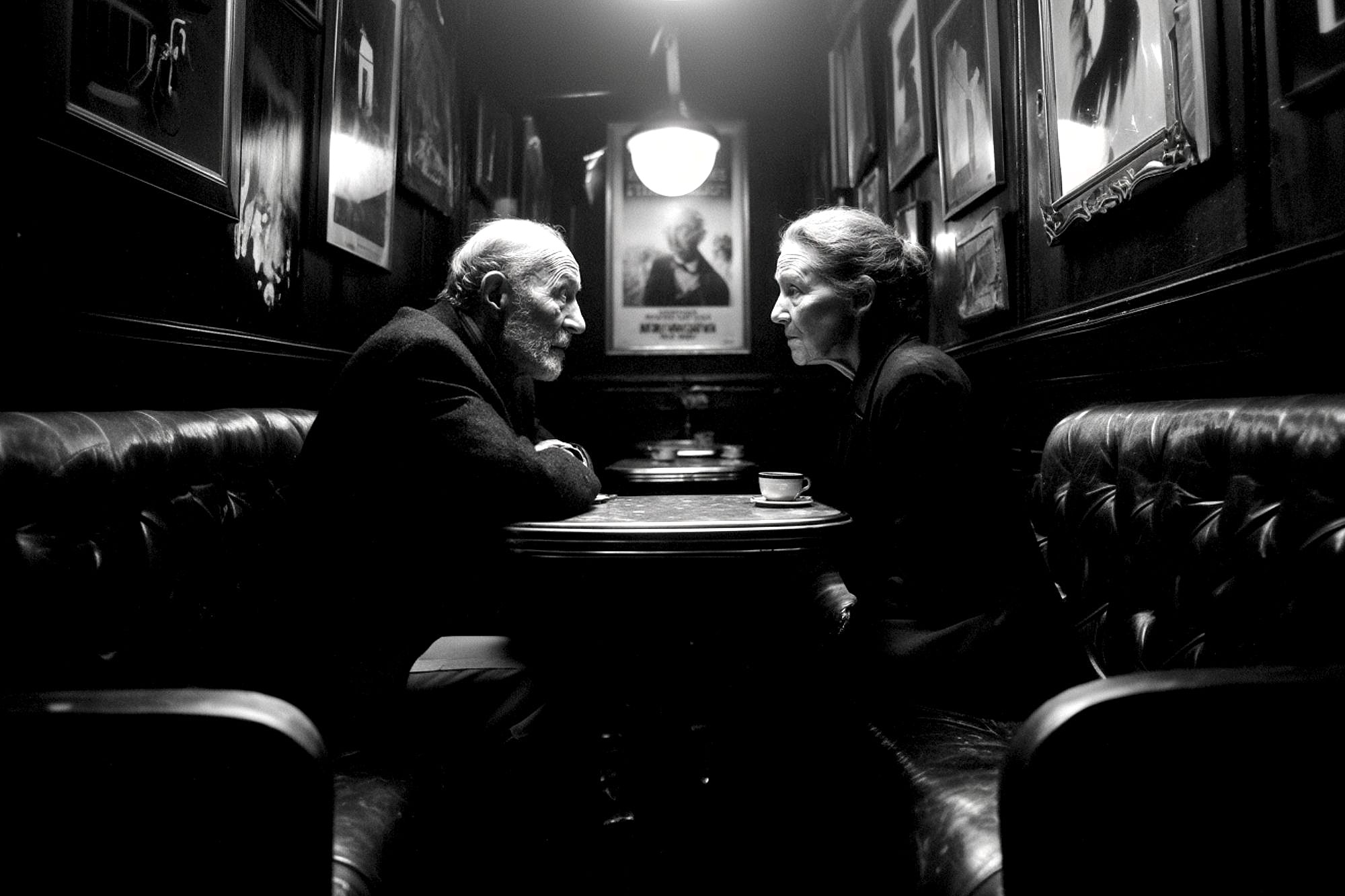 An elderly man and woman sit across from each other at a small table in a dimly lit, narrow cafe lined with framed photographs. They face each other intently, with a cup on the table between them.