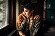 A woman with short dark hair sits by a window, looking pensive. She wears layered necklaces and a shawl, while another person behind her rests a comforting hand on her shoulder. Soft light filters through the window.