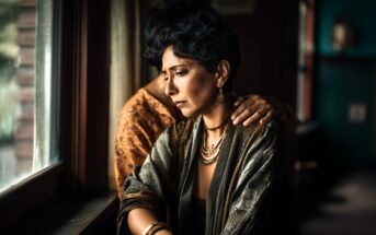 A woman with short dark hair sits by a window, looking pensive. She wears layered necklaces and a shawl, while another person behind her rests a comforting hand on her shoulder. Soft light filters through the window.