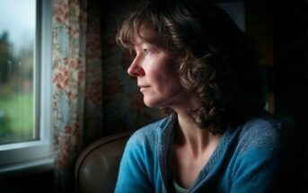 A woman with curly brown hair wearing a blue sweater sits indoors, looking thoughtfully out of a window with natural light on her face. The background has floral-patterned curtains and a soft, subdued atmosphere.