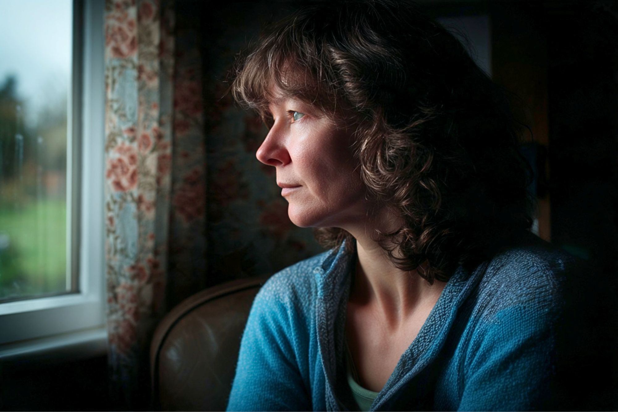 A woman with curly brown hair wearing a blue sweater sits indoors, looking thoughtfully out of a window with natural light on her face. The background has floral-patterned curtains and a soft, subdued atmosphere.