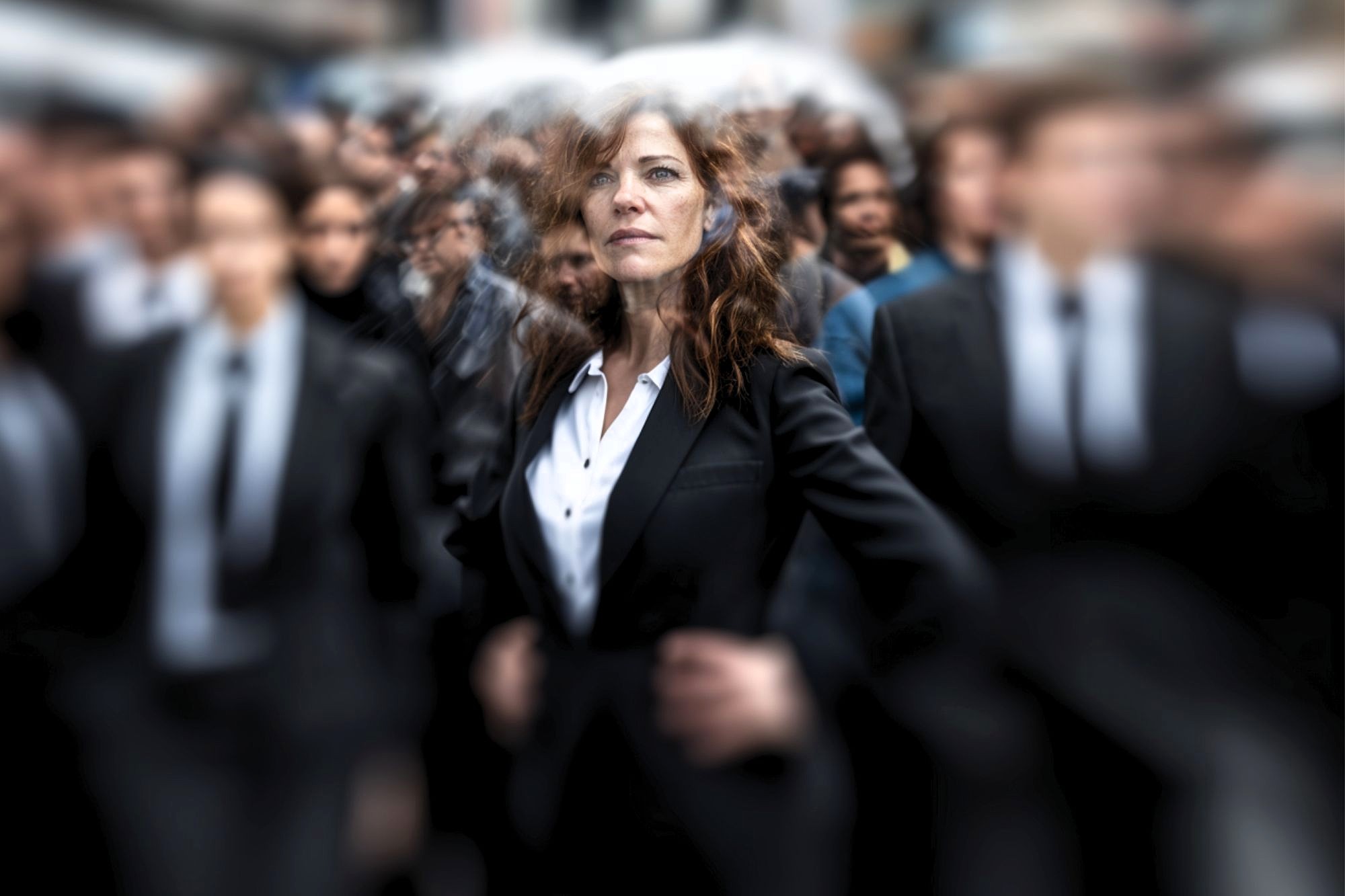 A confident woman in a black suit stands out sharply in focus amid a blurred crowd of people in similar business attire, emphasizing her presence and individuality.