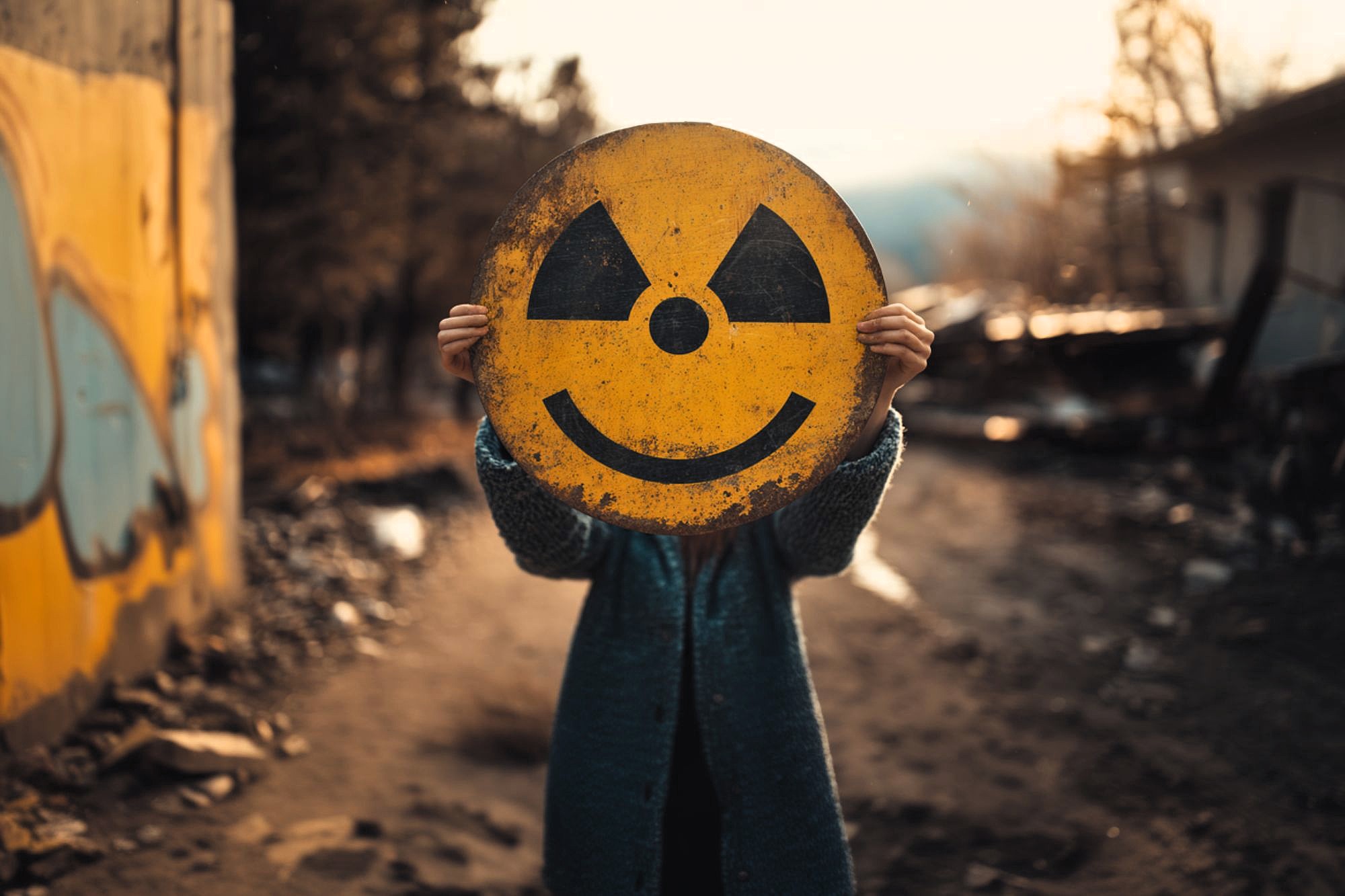 A person stands outdoors on a dirt road, holding a large, round yellow sign with a smiley face and radioactivity symbol in front of their head, obscuring their face. The background is blurred and urban.