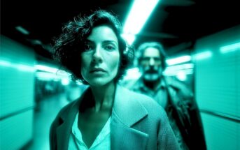 A woman with short curly hair stands in focus under bright fluorescent lights in a corridor, while a man in a jacket stands blurred in the background. The scene has a teal color tone.