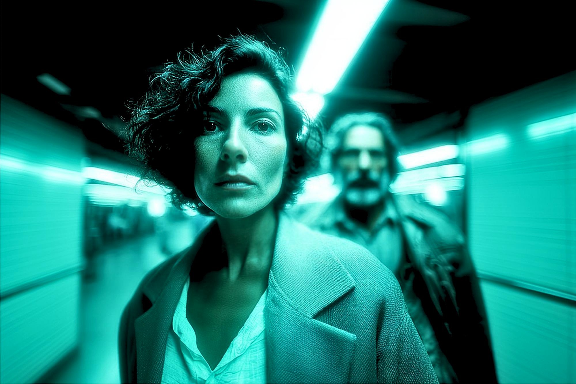 A woman with short curly hair stands in focus under bright fluorescent lights in a corridor, while a man in a jacket stands blurred in the background. The scene has a teal color tone.